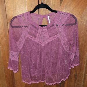 Free People Women's Size Small Pink Modern Romance Sheer Lace Swiss Dot Crop Top